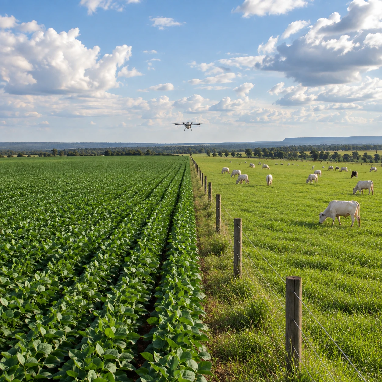 Lavoura de soja ao lado de uma pastagem com gado e um drone ao fundo