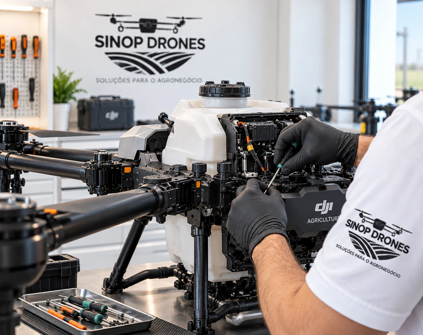 Manutenção de drone agrícola em bancada técnica